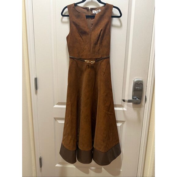 EN SAISON Eloise Faux Suede A-Line Sleeveless Brown Midi Dress Size S NWT - Picture 7 of 9